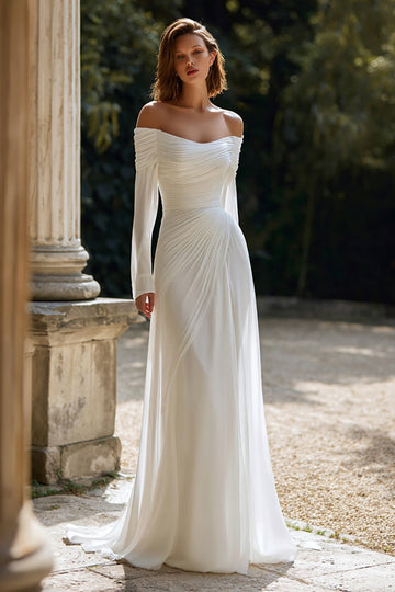 Ivory Ruched Off The Shoulder Sheath Wedding Dress